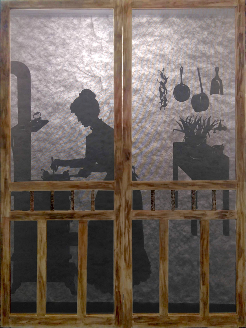 Silhouette of a woman in 19th century kitchen making chille relleno on an iron stove