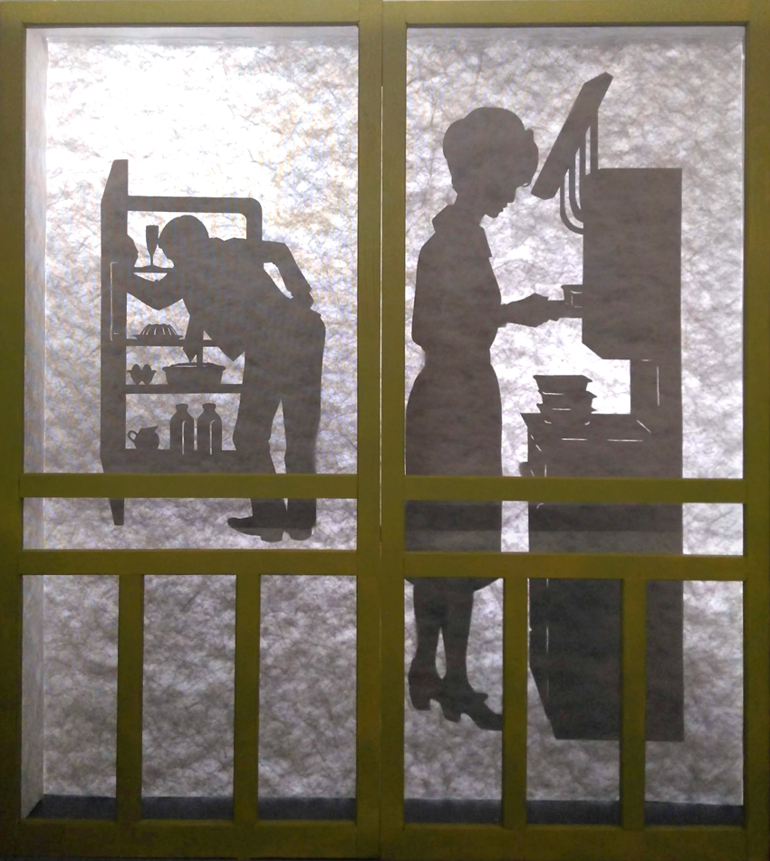 Silhouettes of a woman making TV dinners and a man looking into a refrigerator